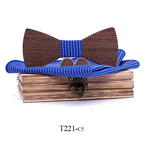Black Walnut Line Carved Wooden Bow Tie