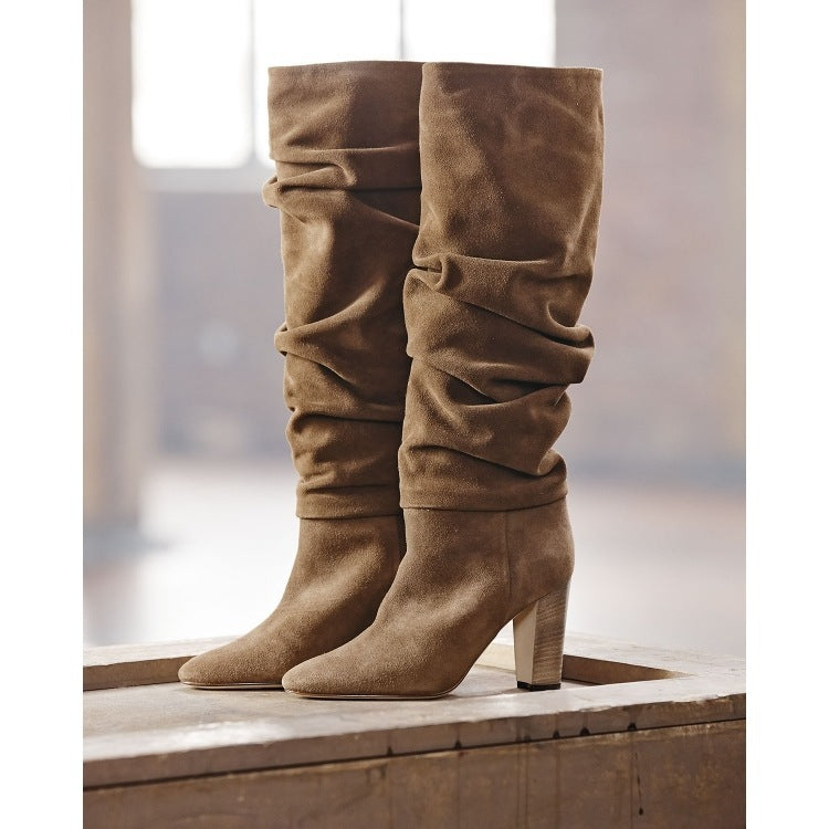 European And American Round Toe Pleated Thick Heel Mid-tube Fashion Boots