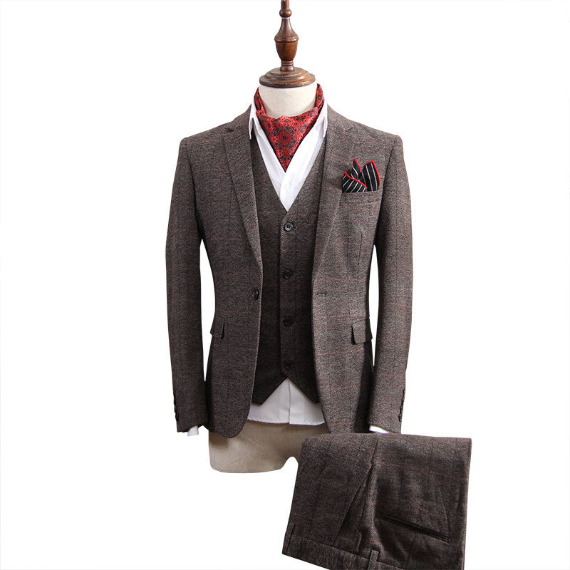 Retro British Suit Men's Three-piece Slim Plaid