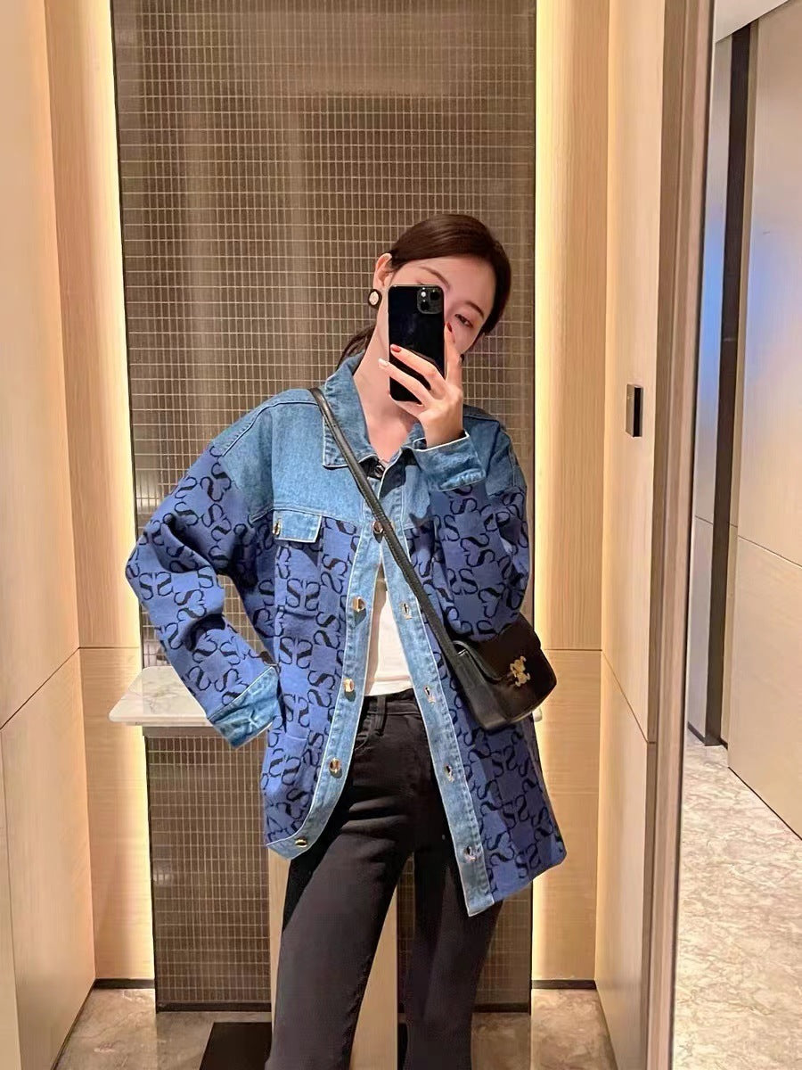 Vintage Jacquard Denim Stitching Knitted Shirt All-match Women's Jacket