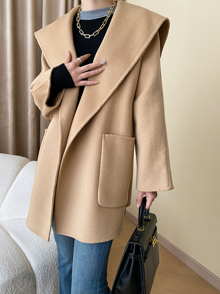 French Cape Style Full Hand Sewing Tribute Needle Small Hooded Wool Reversible Woolen Coat