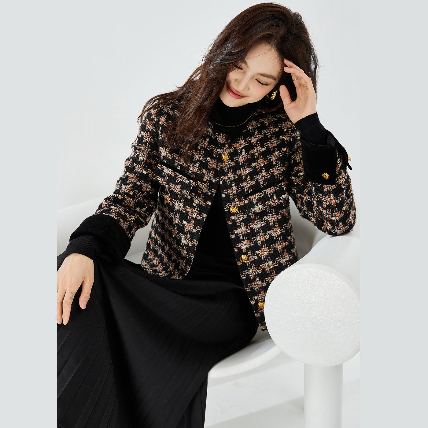 Classic Retro Velvet Stitching Small Kafuu Plaid Tweed Short Coat Top 15381