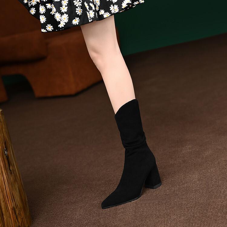 Women's Korean Style Thick Heel Pointed Toe Nubuck Leather Folded Mid-tube Ankle Boots