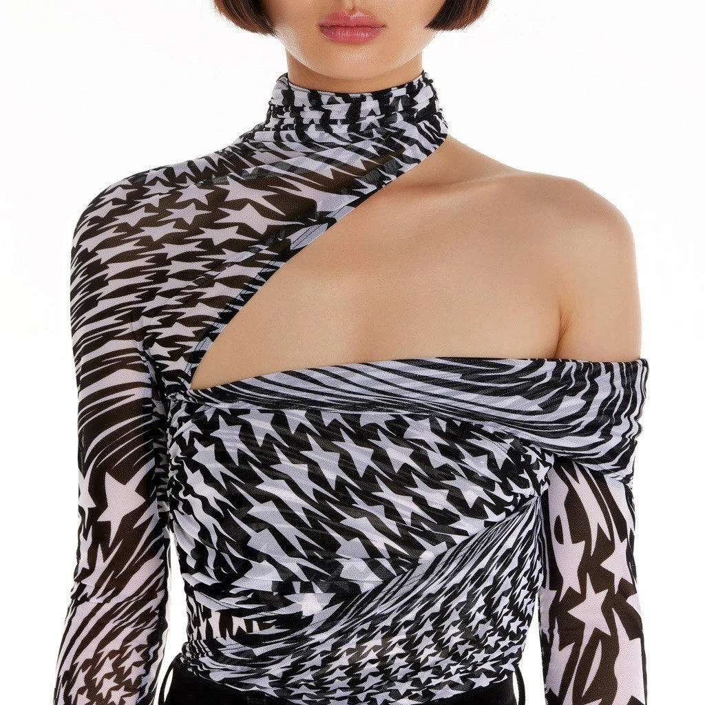 Irregular Turtleneck Mesh Hollow Printed One-shoulder Top