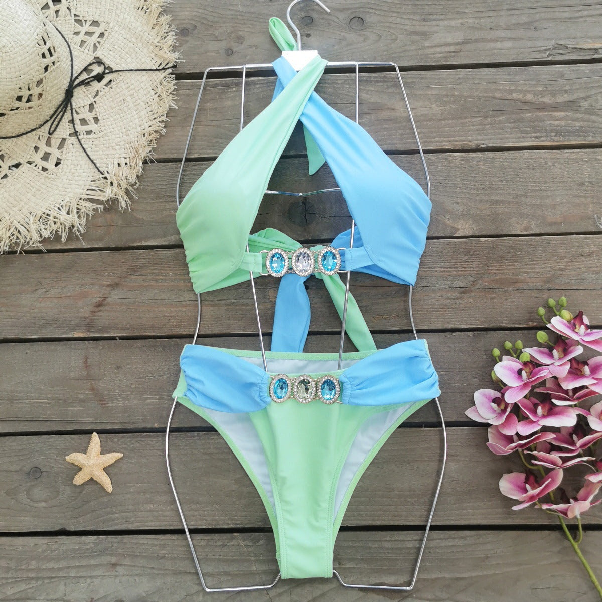 Solid Color Cross Lace-up Cutout Split Swimsuit For Women