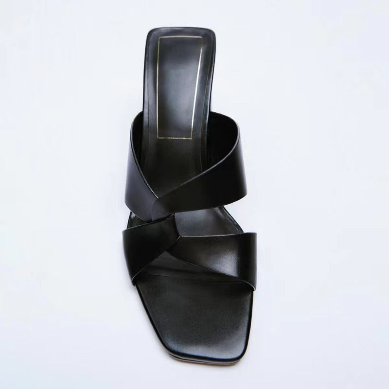 Women's Leather Square Toe High Heel Fashion Sandals