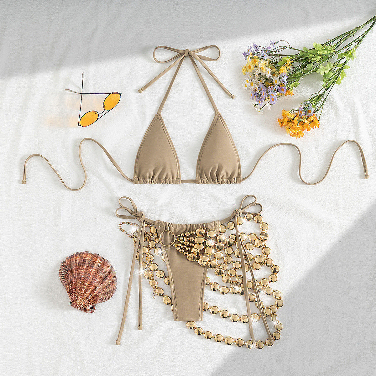 Fashion Halter Female Hot Girl Copper Color Phants Zipper Split Three Piece Swimsuit