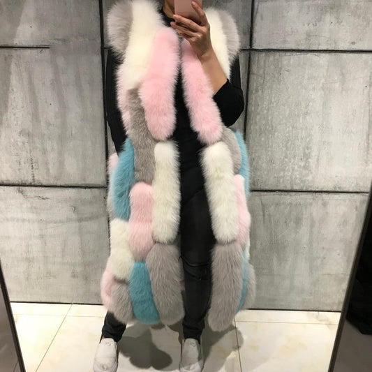 European And American Multicolor Stitching Fur Vest