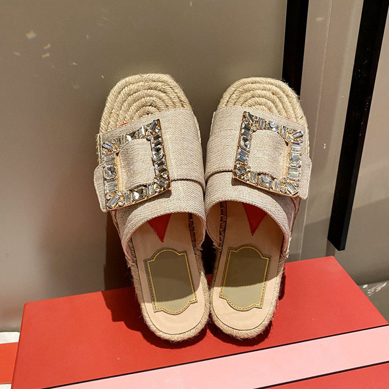 Women's Rhinestone Square Buckle Hemp Rope Slippers