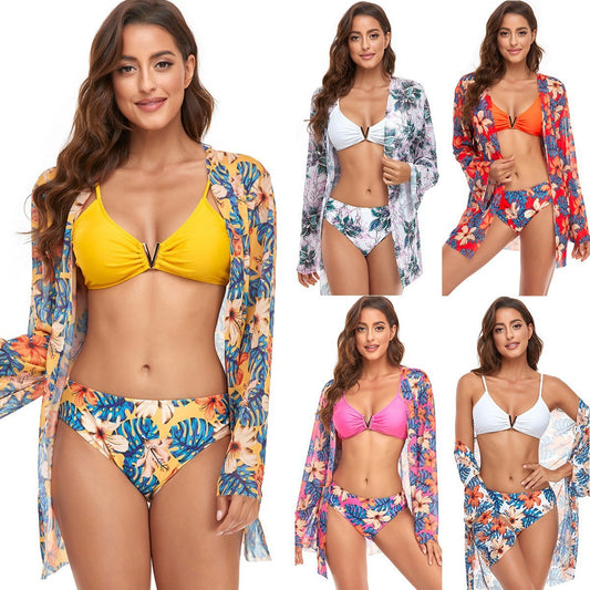 Three-Piece V Buckle Solid Color Printing Triangle Bikini