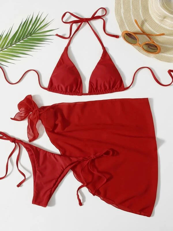 European And American Foreign Trade New Solid Color Triangle Cup Lace-up Bikini Three-piece Set