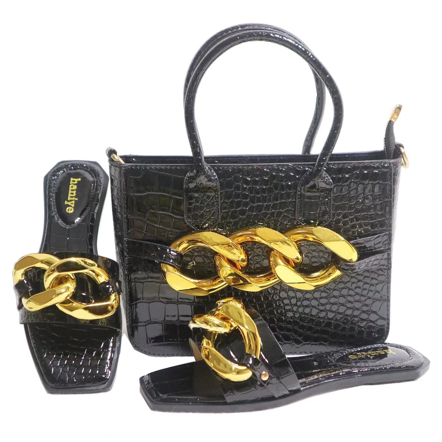 Snakeskin Chain Slippers With Elegant Handbag