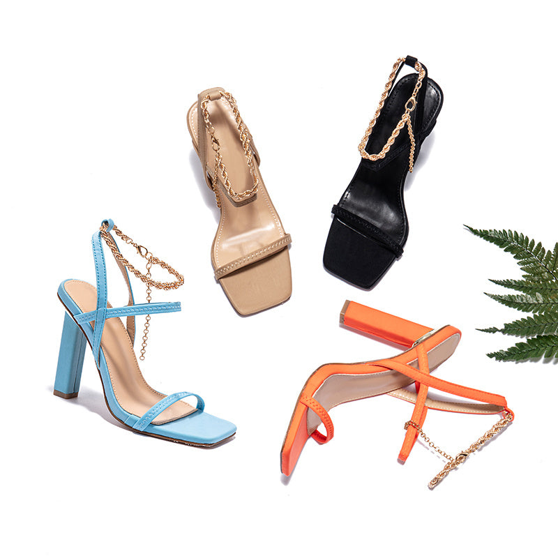 Women's High-heel Open-toe Sandals With Thin Strap Combination Square Heel Chain Decoration