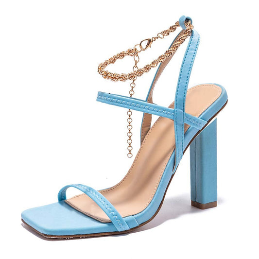 Women's High-heel Open-toe Sandals With Thin Strap Combination Square Heel Chain Decoration