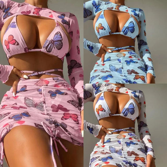 Butterfly Print Drawstring Strap Sexy Four-piece Set