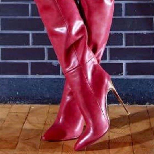 Solid Color Panelled Pointed Toe Stiletto Over-the-Knee Fashion Boots