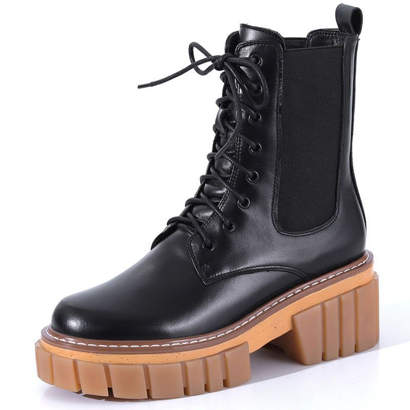 Round Toe High Heeled Leather Platform Retro Martin Ankle Boots