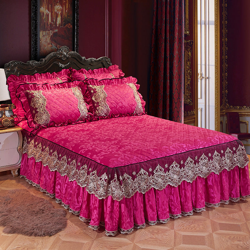 Korean Style Velvet Quilted Bed Skirt Solid Color European Style