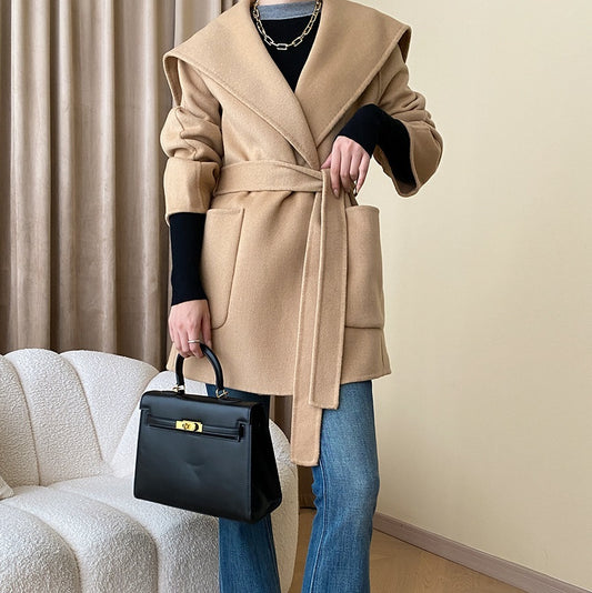 French Cape Style Full Hand Sewing Tribute Needle Small Hooded Wool Reversible Woolen Coat