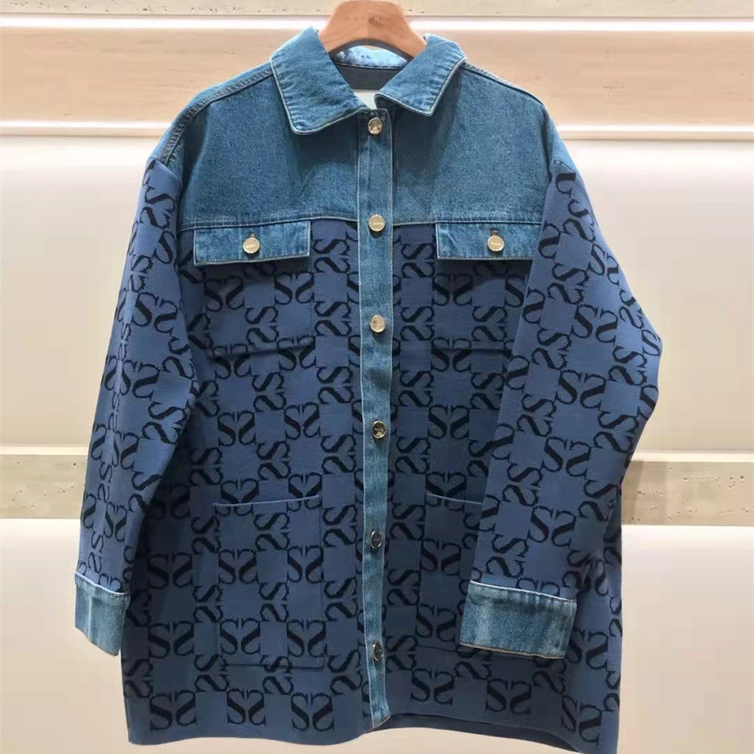 Vintage Jacquard Denim Stitching Knitted Shirt All-match Women's Jacket