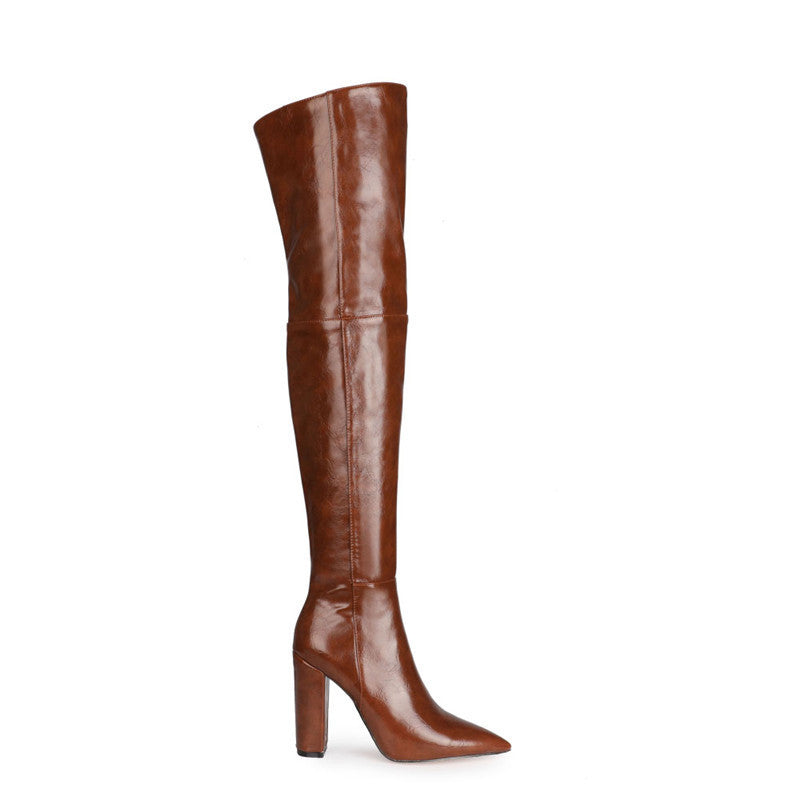 Pointed Side Zipper Thick Heel Over-the-knee Boots Women's Shoes