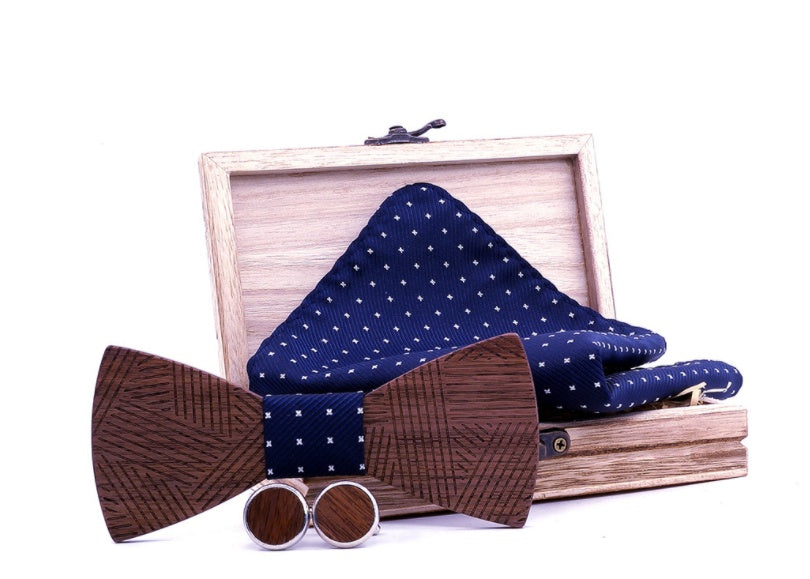 Black Walnut Line Carved Wooden Bow Tie