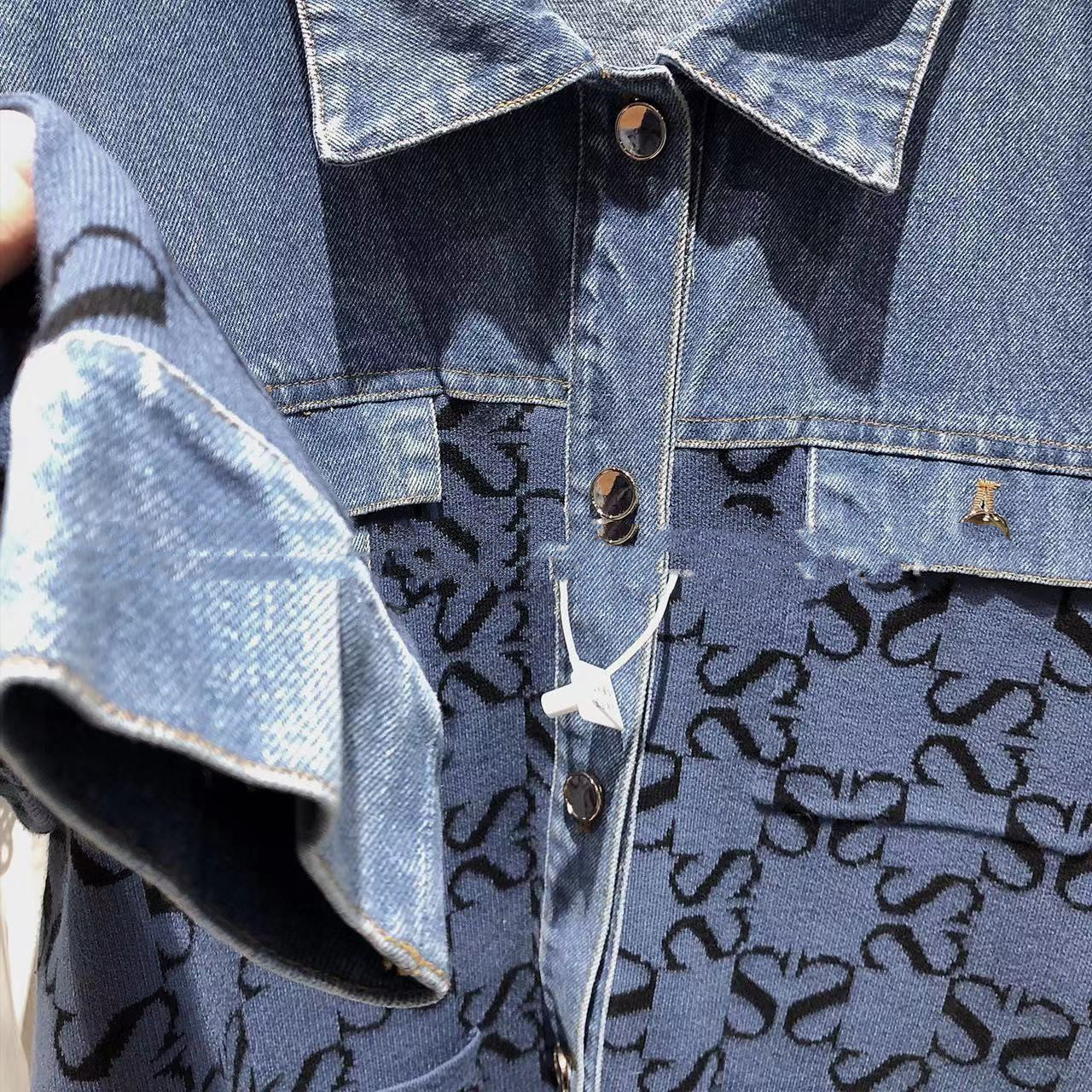 Vintage Jacquard Denim Stitching Knitted Shirt All-match Women's Jacket