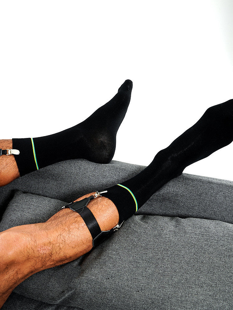 High-top Black Green Yellow Pinstripe Mercerized Cotton Business Socks