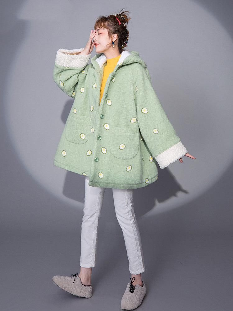 Printed cartoon hooded lamb wool coat