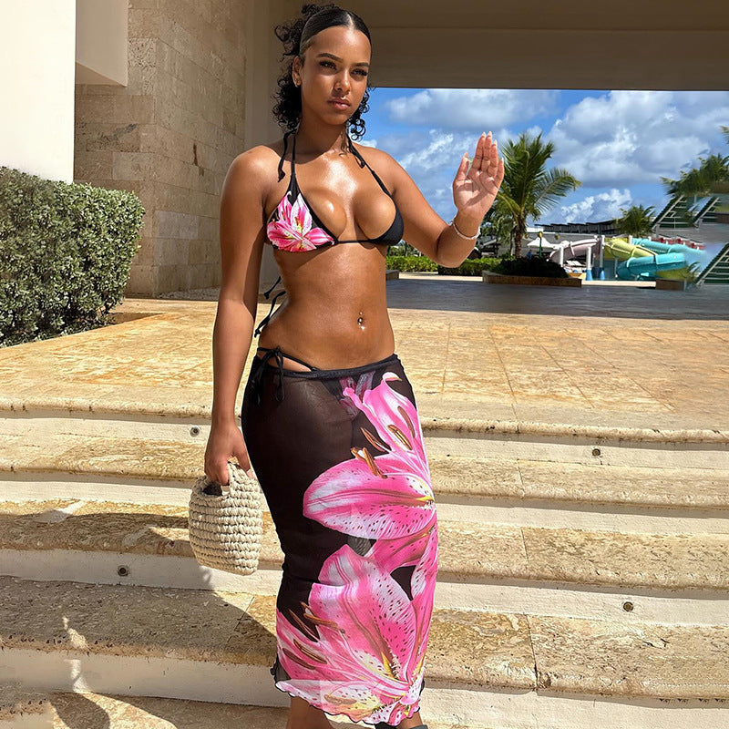 Summer Printed Sexy Lace-up Skirt Three-piece Set