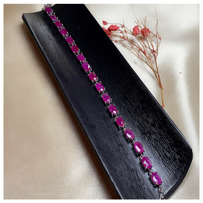 Women's Retro Natural 925 Silver Inlaid Ruby Bracelet