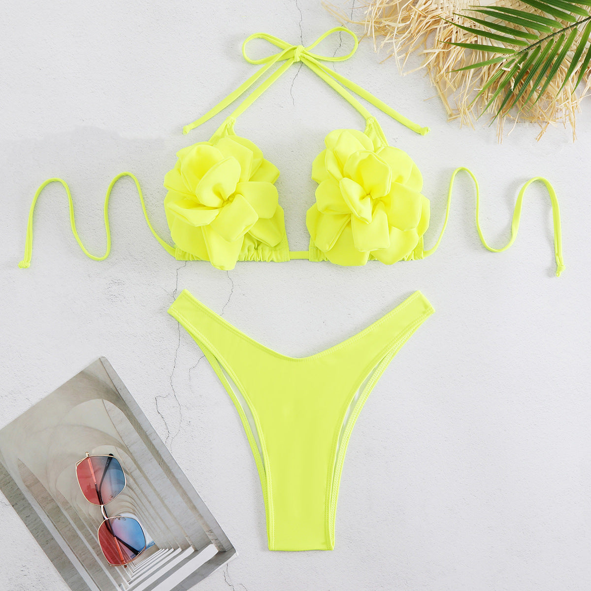 Three-point Three-dimensional 3D Flower Low Waist Bikini Swimsuit