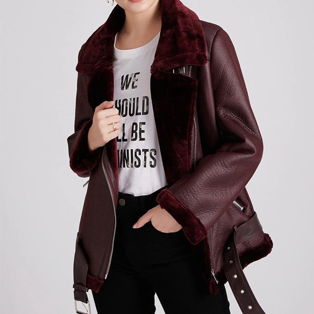 Women's Thick Warm PU Faux Lamb Leather Jacket