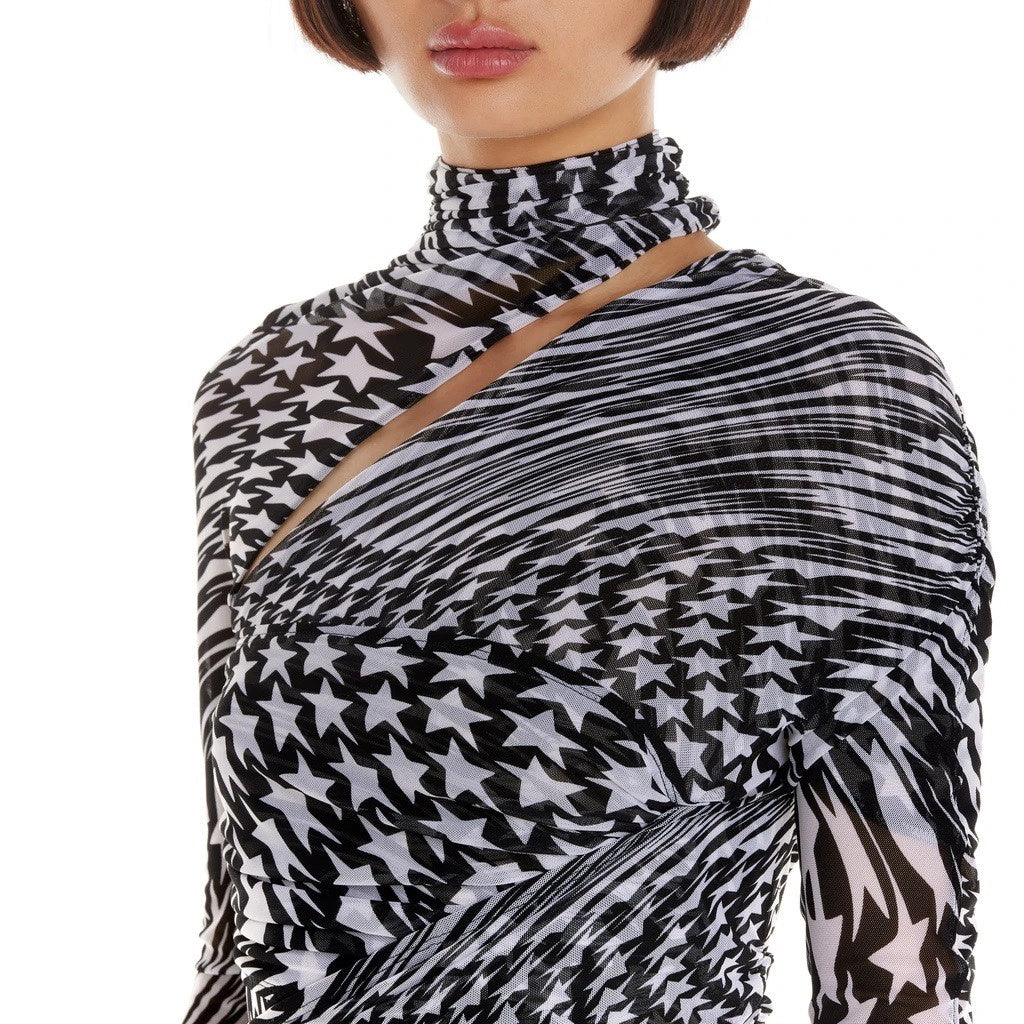 Irregular Turtleneck Mesh Hollow Printed One-shoulder Top