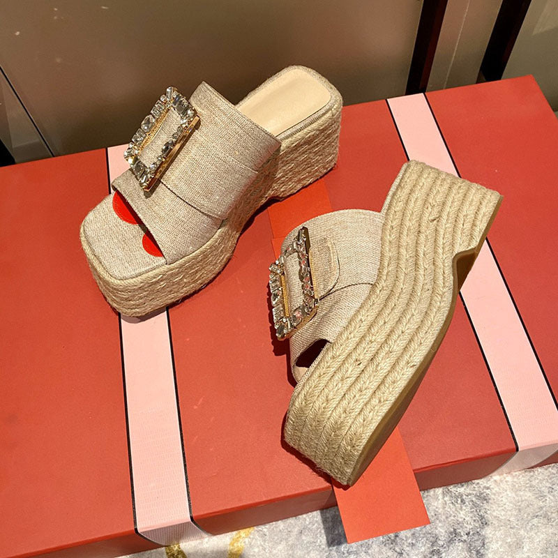 Women's Rhinestone Square Buckle Hemp Rope Slippers