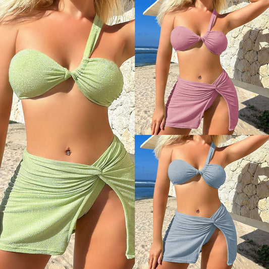 One-shoulder Tube Top Glossy Cloth Three Piece Swimsuit