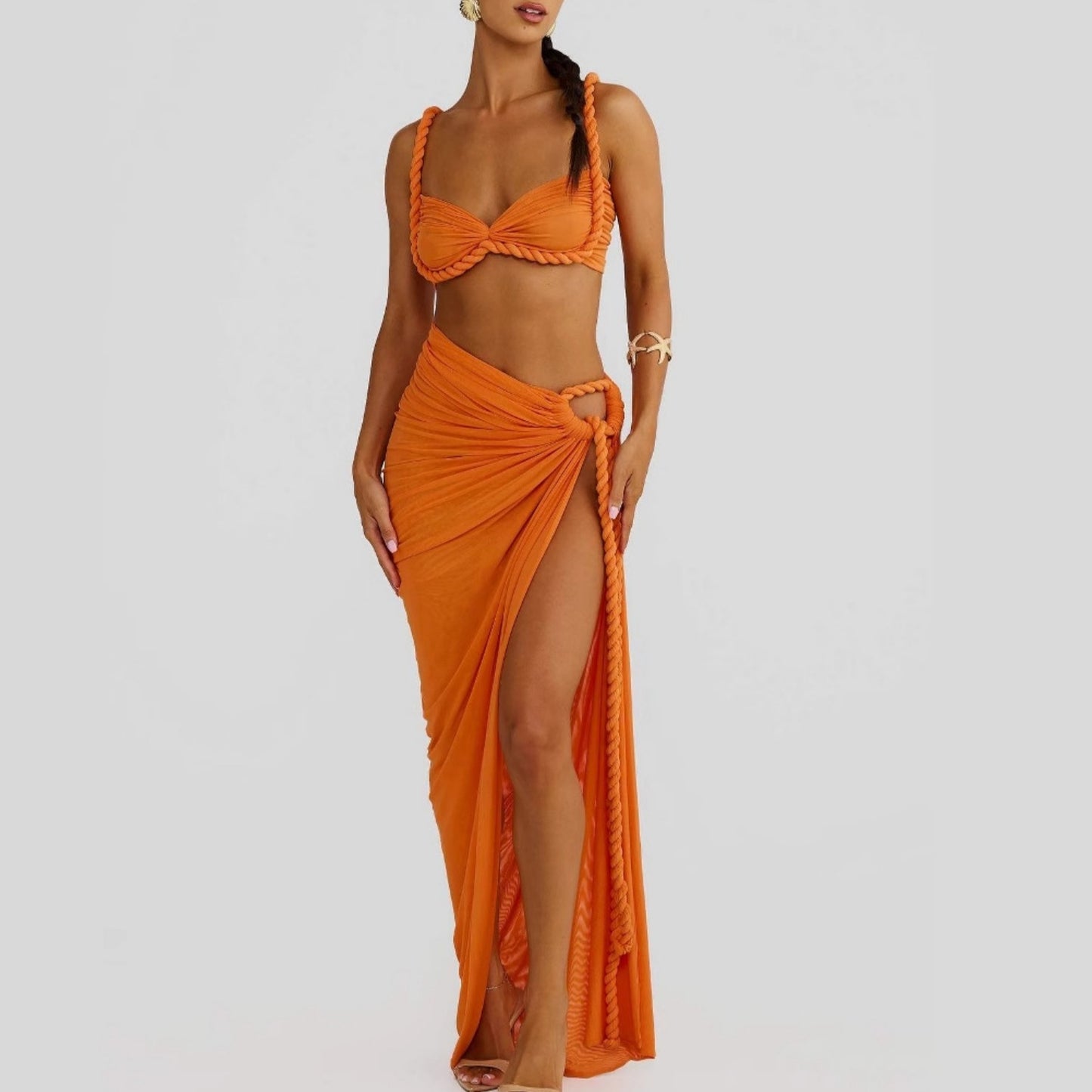 Sexy Fashion Beach Swimsuit Woven Halter Top Top Split Skirt Suit
