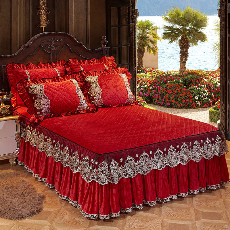Korean Style Velvet Quilted Bed Skirt Solid Color European Style