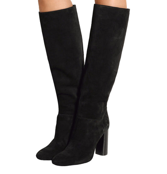 Black Suede Round Toe Chunky Heel Boots