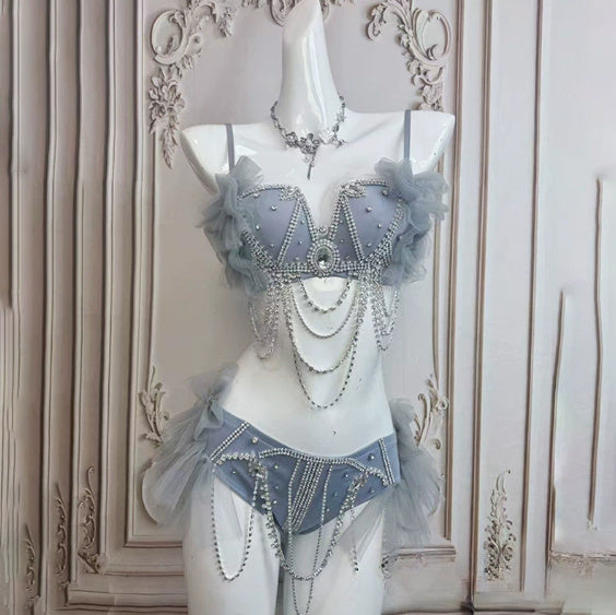 Smokey Blue Shining Chain Vacation Style Bikini Suit