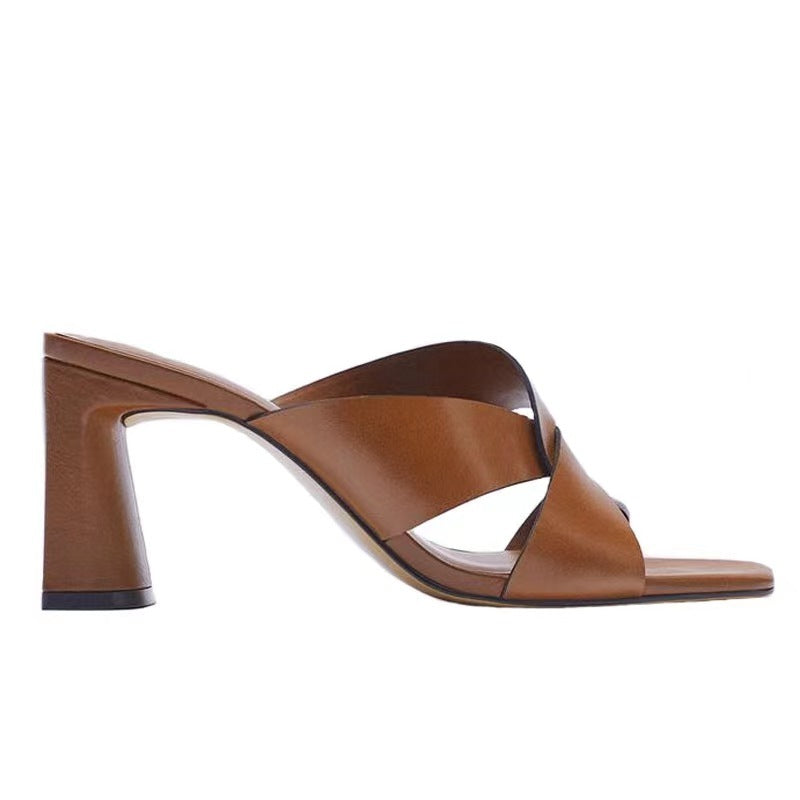 Women's Leather Square Toe High Heel Fashion Sandals