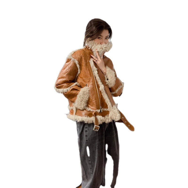 Women's Faux Leather Lamb Roll Fur Coat