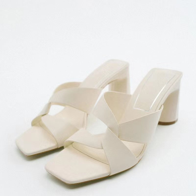Women's Leather Square Toe High Heel Fashion Sandals