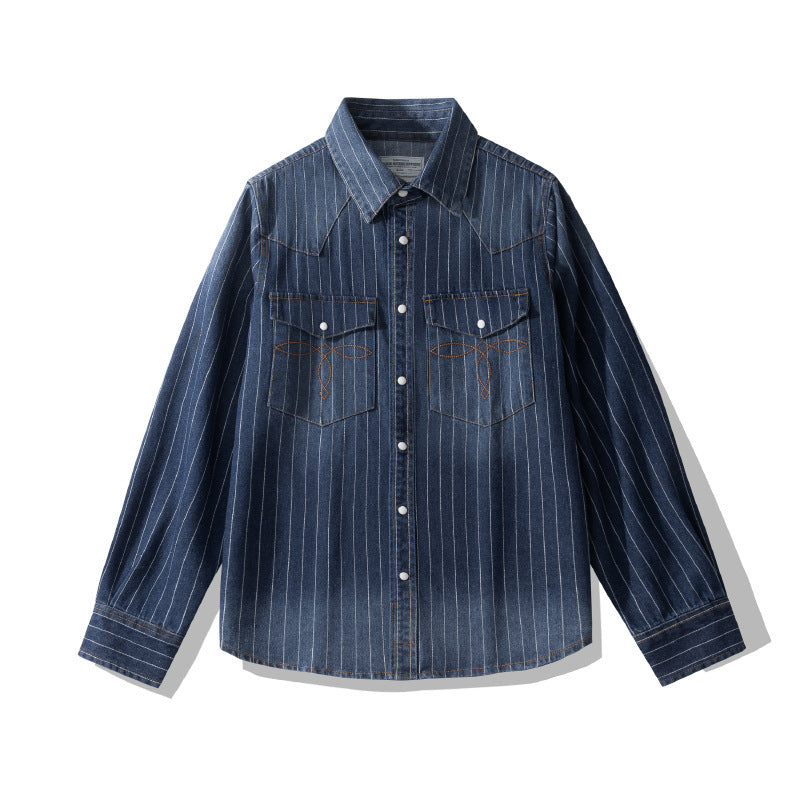 Retro Distressed Striped Denim Shirt