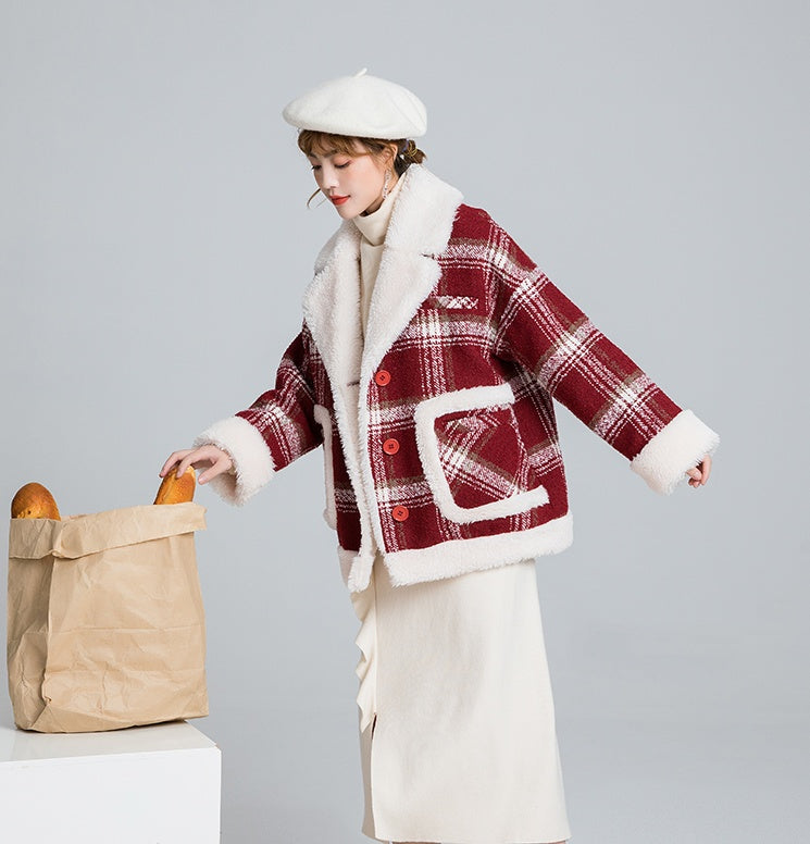 Plaid woolen jacket with suit collar