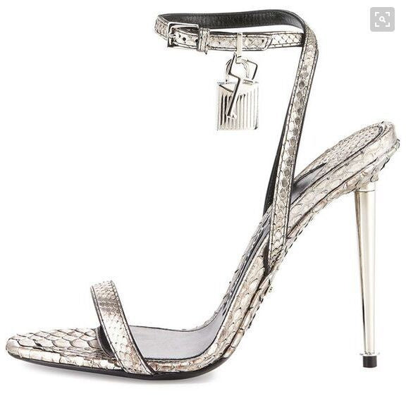 Women's Solid Color Mirrored Padlock One-line Buckle High-heeled Sandals