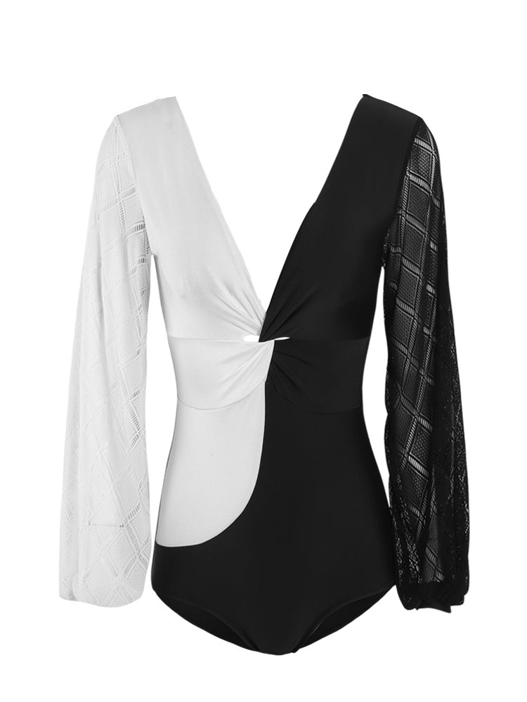Black and white with long sleeve swimsuit