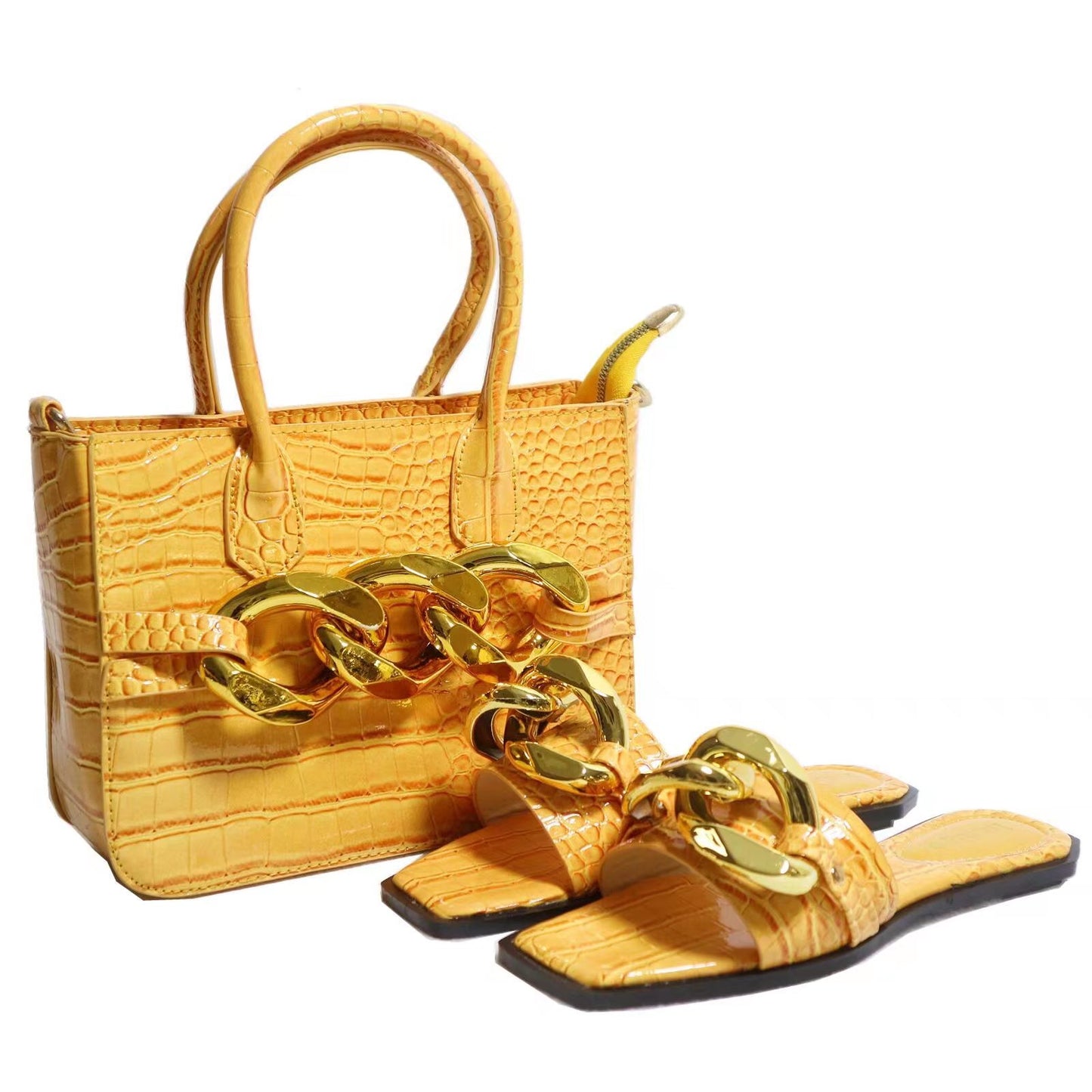 Snakeskin Chain Slippers With Elegant Handbag