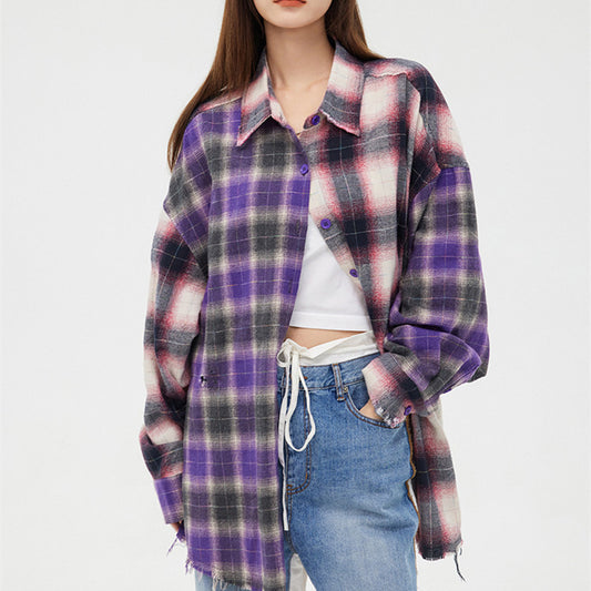 Women's Loose Two Tone Panel Plaid Ripped Shirt