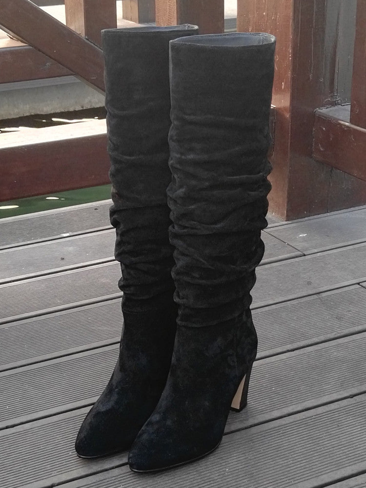 European And American Round Toe Pleated Thick Heel Mid-tube Fashion Boots
